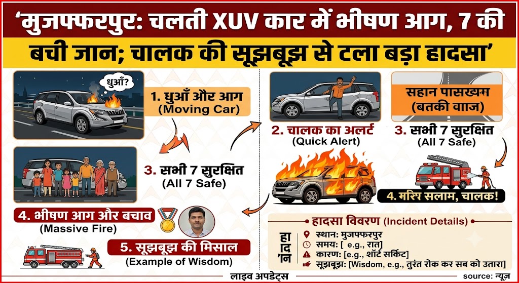 XUV Car Catches Fire While Moving, Seven People Escape Safely; Driver's Quick Thinking Prevents Major Tragedy