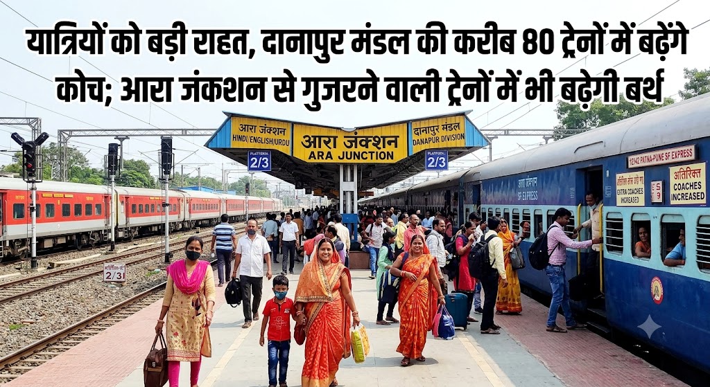यात्रियों को बड़ी राहत, दानापुर मंडल की करीब 80 ट्रेनों में बढ़ेंगे कोच; आरा जंक्शन से गुजरने वाली ट्रेनों में भी बढ़ेगी बर्थ
