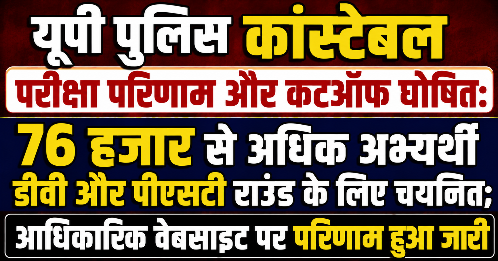 यूपी पुलिस कांस्टेबल परीक्षा परिणाम और कटऑफ घोषित: 76 हजार से अधिक अभ्यर्थी डीवी और पीएसटी राउंड के लिए चयनित; आधिकारिक वेबसाइट पर परिणाम हुआ जारी