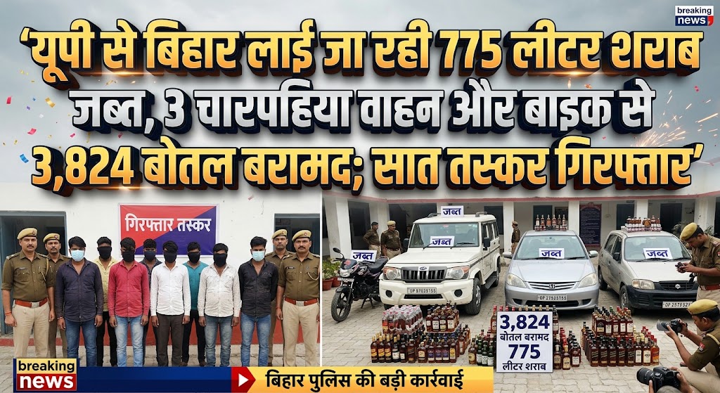 यूपी से बिहार लाई जा रही 775 लीटर शराब जब्त, 3 चारपहिया वाहन और बाइक से 3,824 बोतल बरामद; सात तस्कर गिरफ्तार