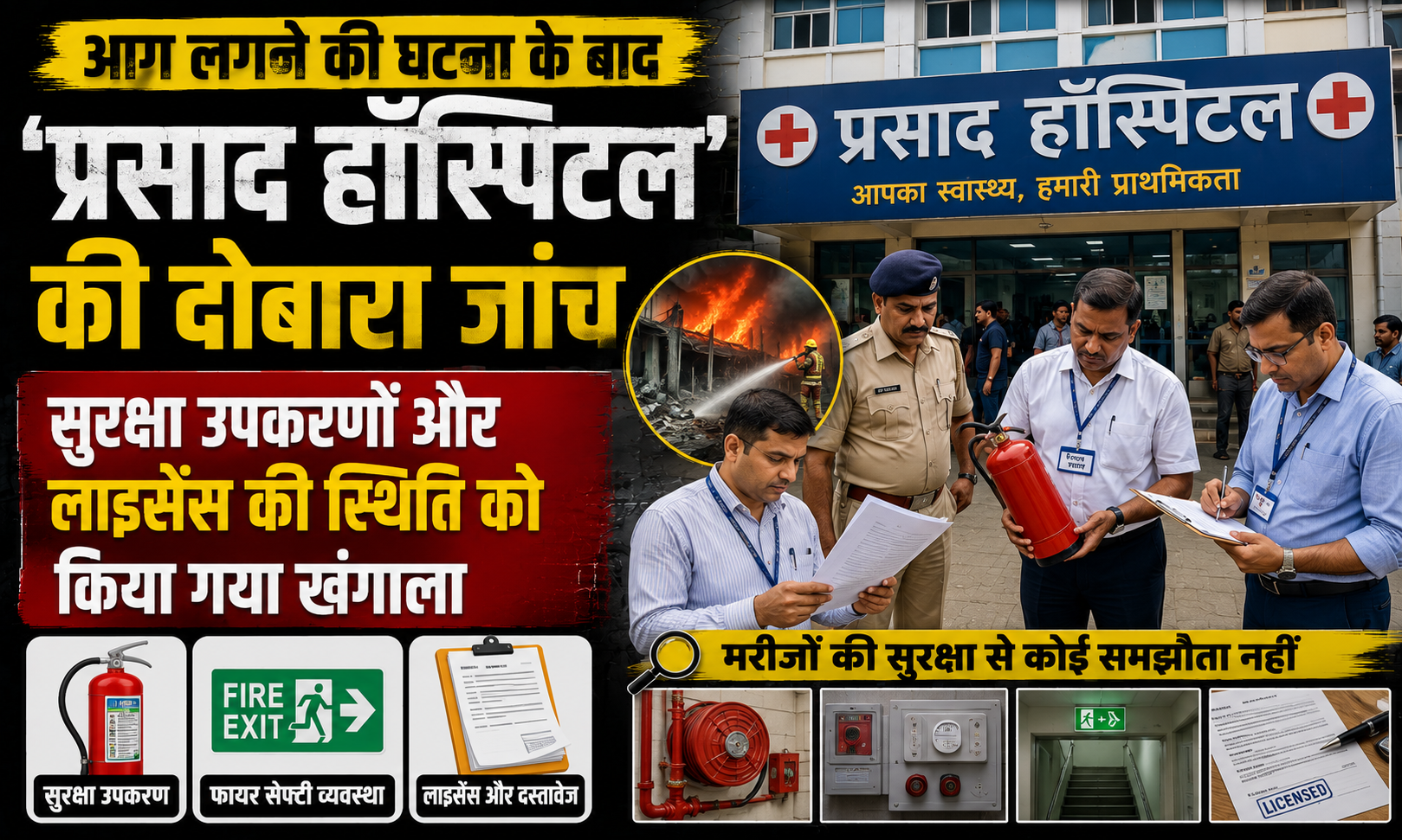 आग लगने की घटना के बाद 'प्रसाद हॉस्पिटल' की दोबारा जांच, सुरक्षा उपकरणों और लाइसेंस की स्थिति को किया गया खंगाला