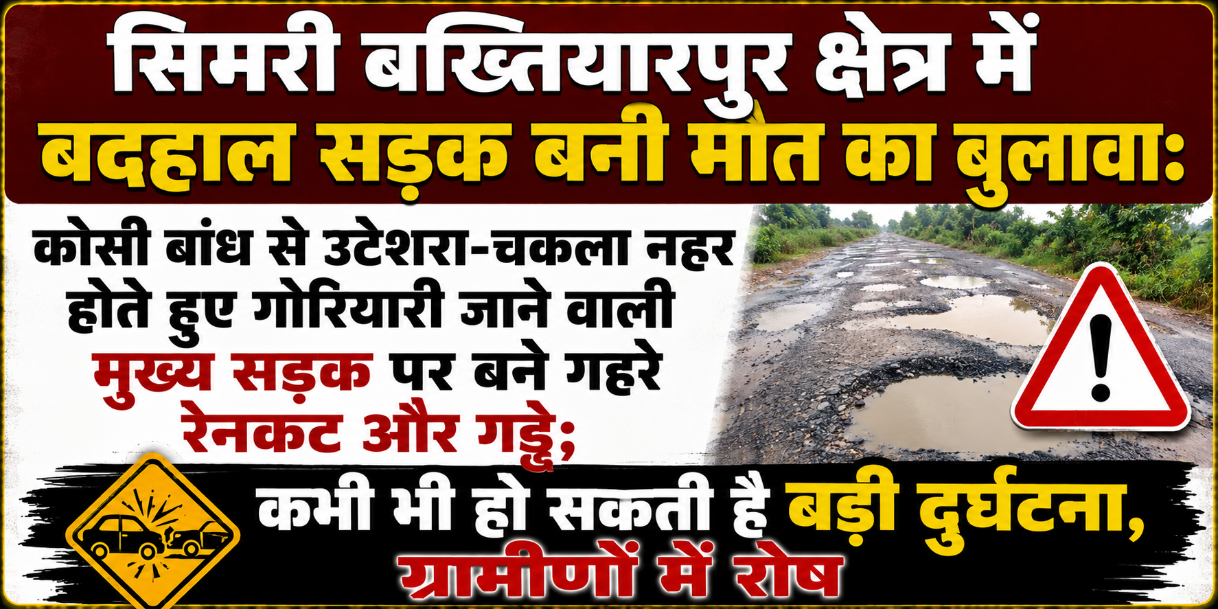 सिमरी बख्तियारपुर क्षेत्र में बदहाल सड़क बनी मौत का बुलावा: कोसी बांध से उटेशरा-चकला नहर होते हुए गोरियारी जाने वाली मुख्य सड़क पर बने गहरे रेनकट और गड्ढे; कभी भी हो सकती है बड़ी दुर्घटना, ग्रामीणों में रोष