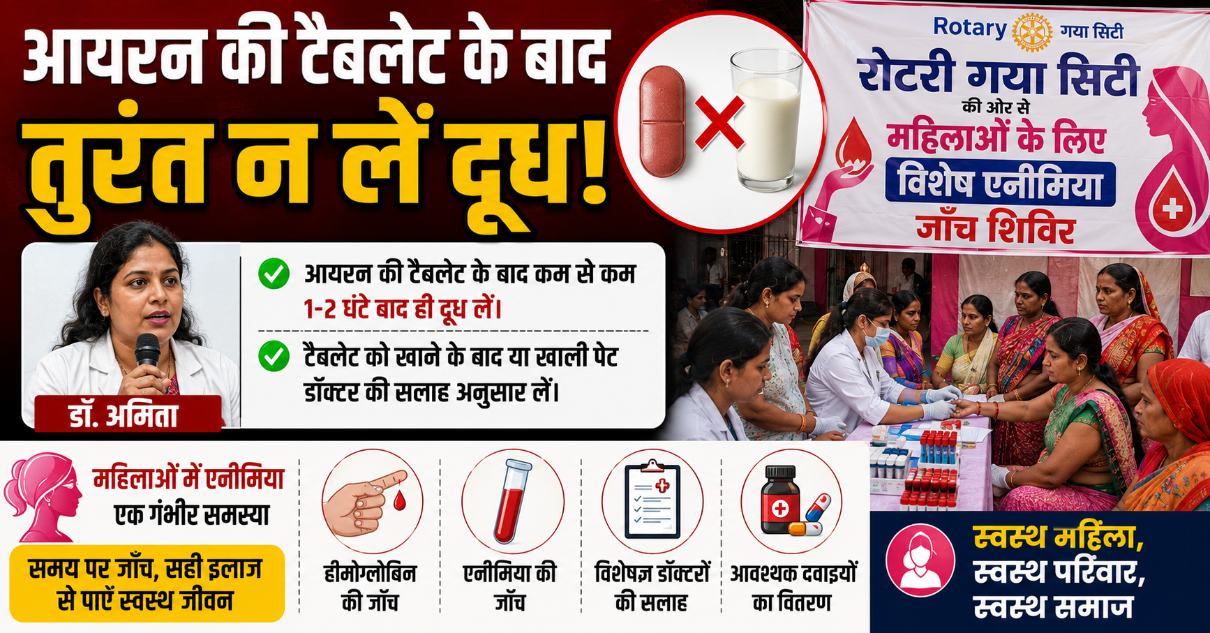 आयरन की टैबलेट के बाद तुरंत न लें दूध: डॉ. अमिता - रोटरी गया सिटी की ओर से महिलाओं के लिए आयोजित हुआ विशेष एनीमिया जांच शिविर