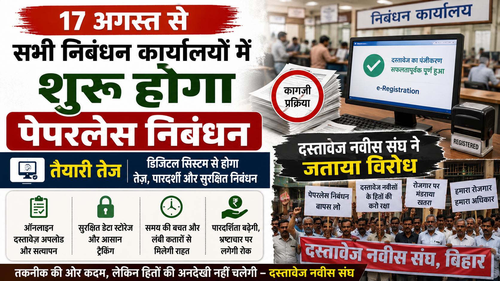 17 अगस्त से सभी निबंधन कार्यालयों में शुरू होगा पेपरलेस निबंधन, तैयारी तेज; दस्तावेज नवीस संघ ने जताया विरोध