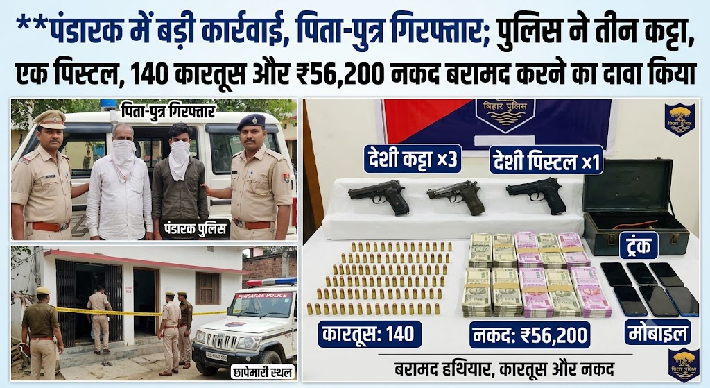 पंडारक में बड़ी कार्रवाई, पिता-पुत्र गिरफ्तार; पुलिस ने तीन कट्टा, एक पिस्टल, 140 कारतूस और ₹56,200 नकद बरामद करने का दावा किया