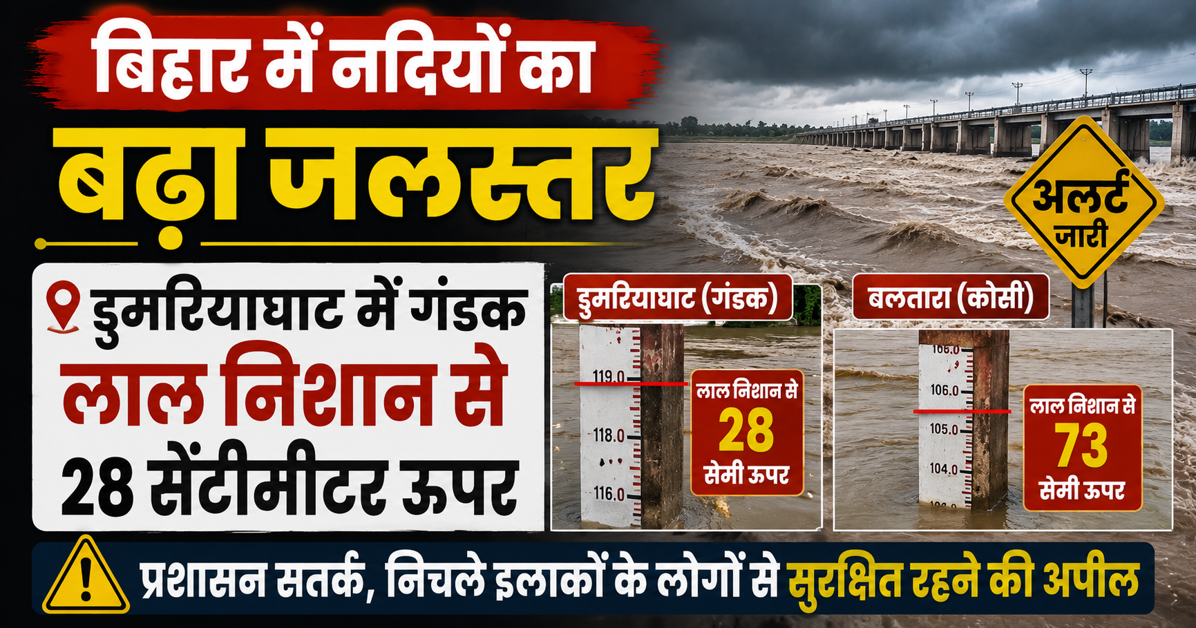 बिहार में नदियों का बढ़ा जलस्तर, डुमरियाघाट में गंडक लाल निशान से 28 सेंटीमीटर ऊपर; बलतारा में कोसी 73 सेंटीमीटर ऊपर