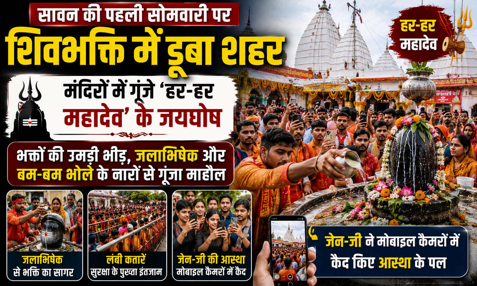 सावन की पहली सोमवारी पर शिवभक्ति में डूबा शहर, मंदिरों में गूंजे 'हर-हर महादेव' के जयघोष; जेन-जी ने मोबाइल कैमरों में कैद किए आस्था के पल