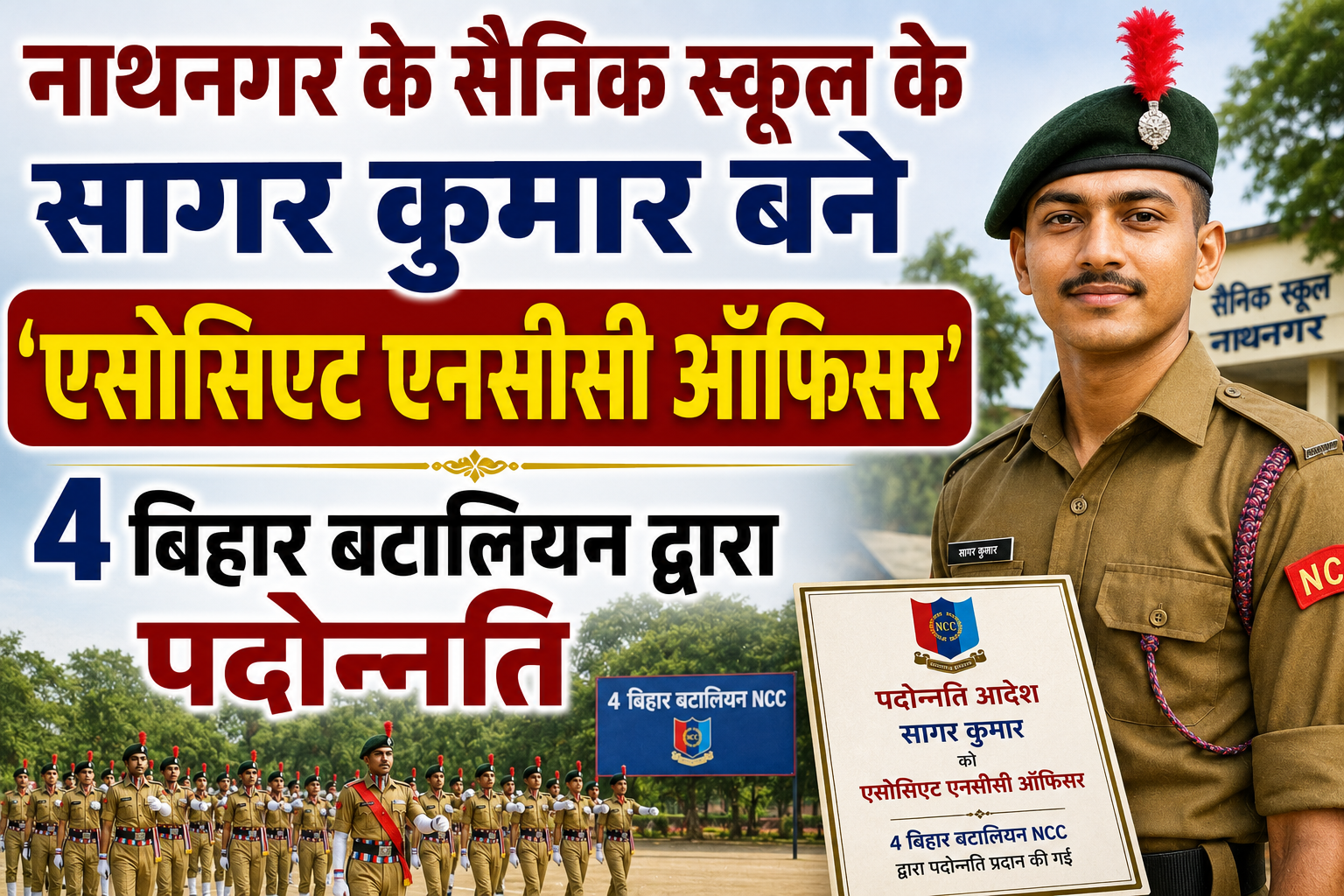 नाथनगर के सैनिक स्कूल के सागर कुमार बने 'एसोसिएट एनसीसी ऑफिसर', 4 बिहार बटालियन द्वारा पदोन्नति
