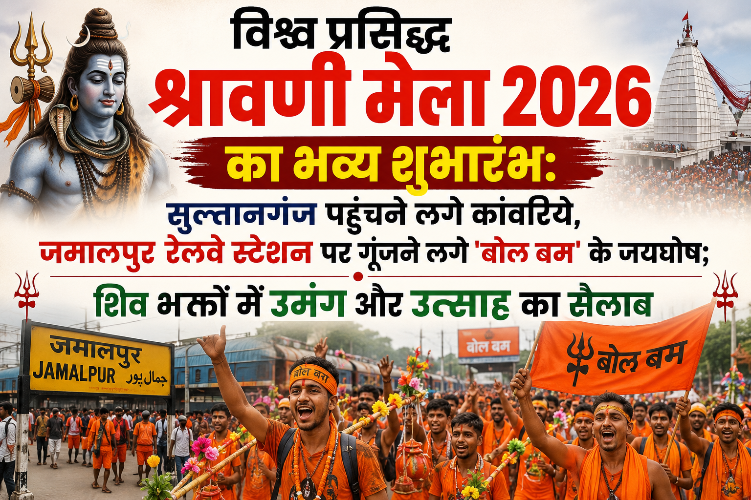 विश्व प्रसिद्ध श्रावणी मेला 2026 का भव्य शुभारंभ: सुल्तानगंज पहुंचने लगे कांवरिये, जमालपुर रेलवे स्टेशन पर गूंजने लगे 'बोल बम' के जयघोष; शिव भक्तों में उमंग और उत्साह का सैलाब
