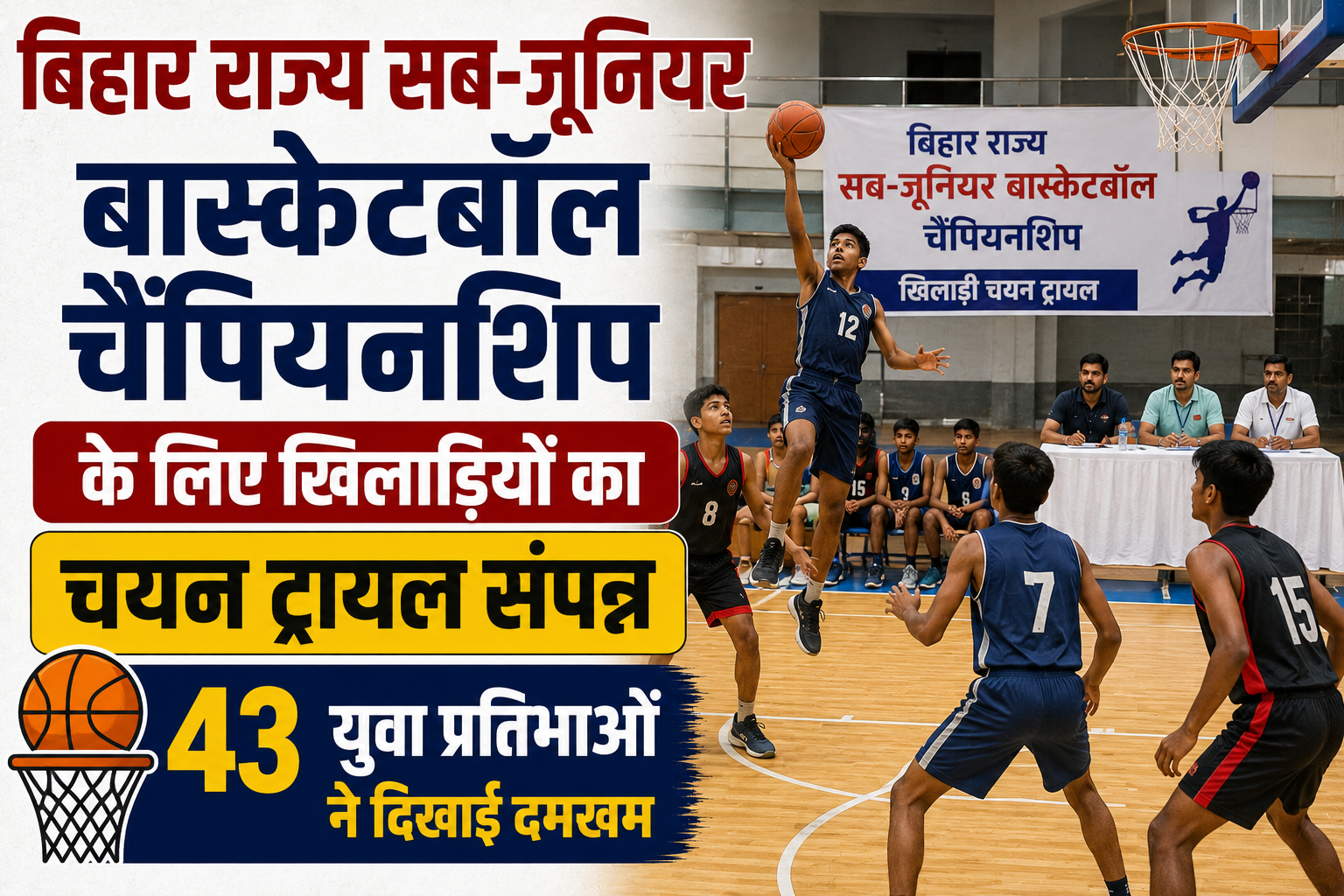बिहार राज्य सब-जूनियर बास्केटबॉल चैंपियनशिप के लिए खिलाड़ियों का चयन ट्रायल संपन्न; 43 युवा प्रतिभाओं ने दिखाई दमखम
