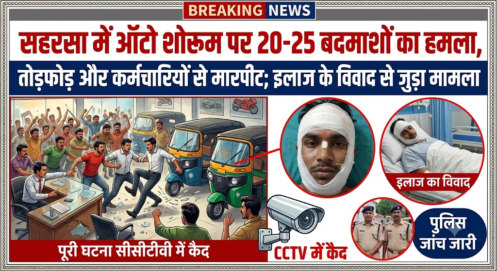 सहरसा में ऑटो शोरूम पर 20-25 बदमाशों का हमला, तोड़फोड़ और कर्मचारियों से मारपीट; इलाज के विवाद से जुड़ा मामला