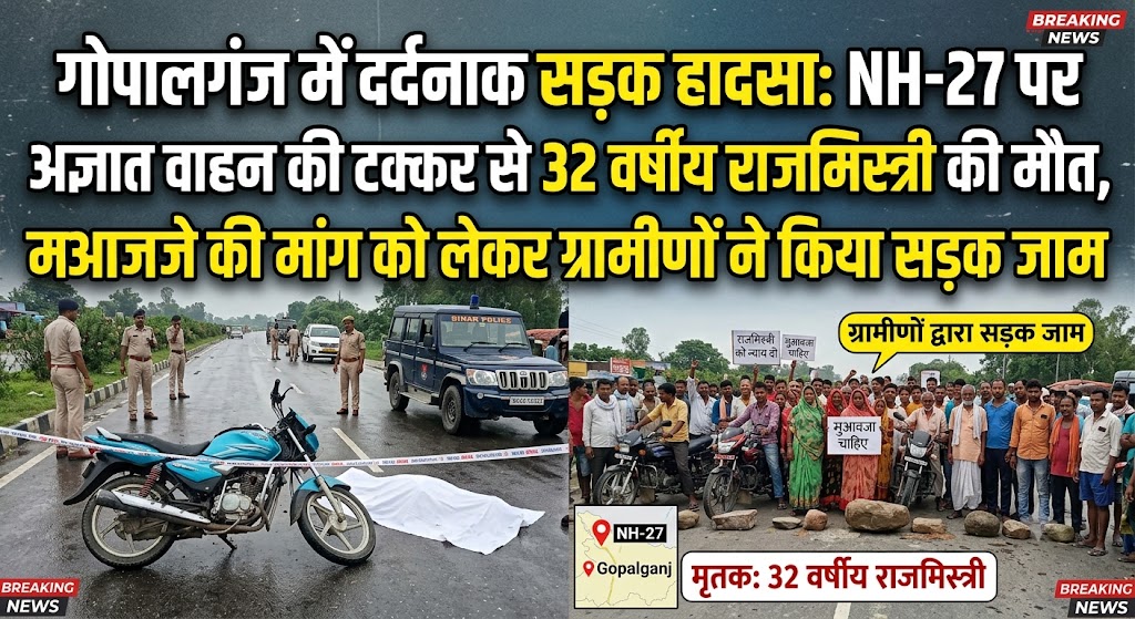 गोपालगंज में दर्दनाक सड़क हादसा: NH-27 पर अज्ञात वाहन की टक्कर से 32 वर्षीय राजमिस्त्री की मौत, मुआवजे की मांग को लेकर ग्रामीणों ने किया सड़क जाम
