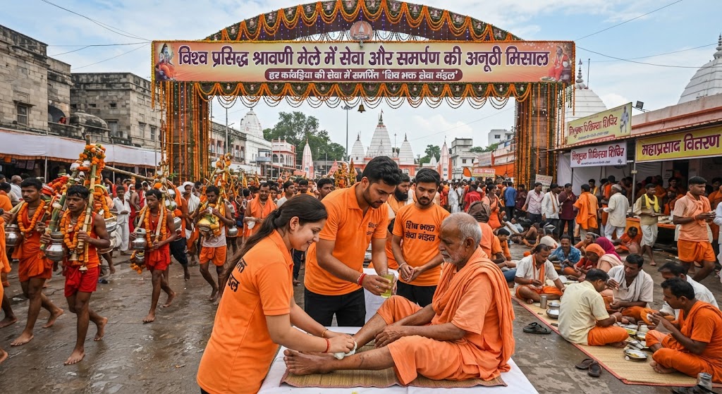 विश्व प्रसिद्ध श्रावणी मेले में सेवा और समर्पण की अनूठी मिसाल; देवघर के तिवारी चौक पर भागलपुर के विप्र बंधुओं ने संभाली कांवरिया सेवा शिविर की कमान