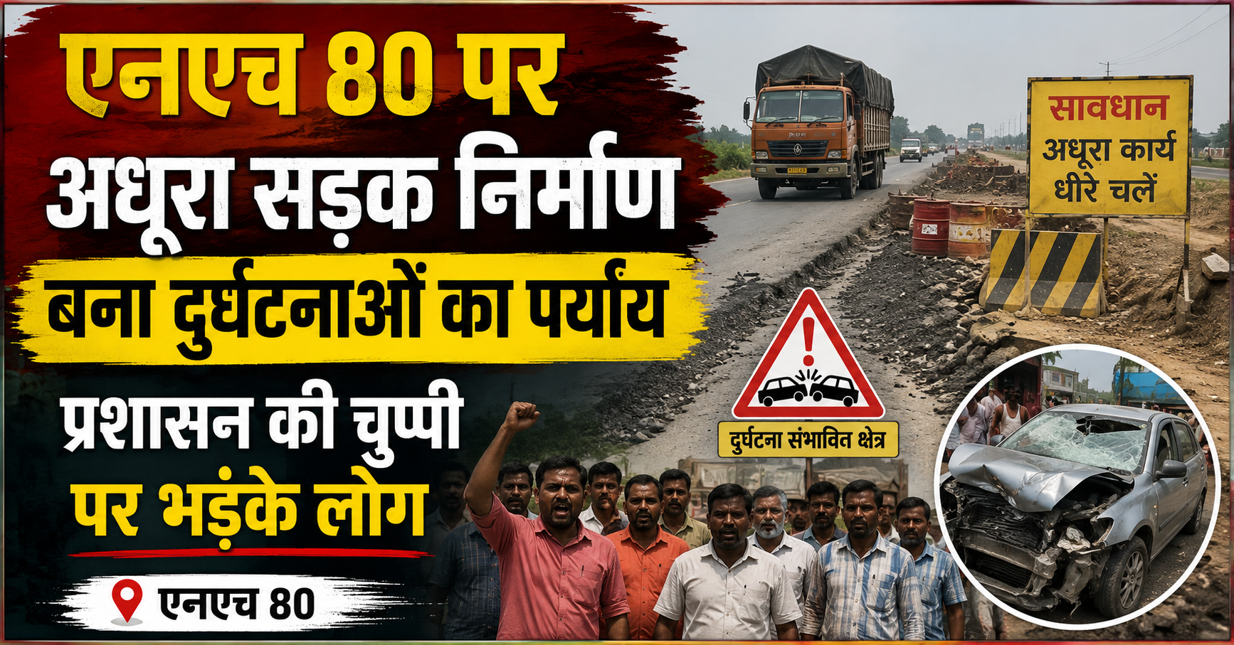 एनएच 80 पर अधूरा सड़क निर्माण बना दुर्घटनाओं का पर्याय, प्रशासन की चुप्पी पर भड़के लोग