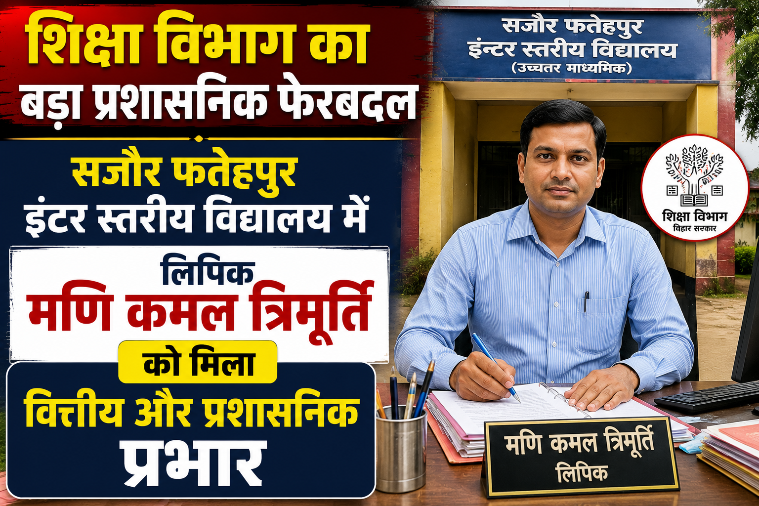 शिक्षा विभाग का बड़ा प्रशासनिक फेरबदल; सजौर फतेहपुर इंटर स्तरीय विद्यालय में लिपिक मणि कमल त्रिमूर्ति को मिला वित्तीय और प्रशासनिक प्रभार