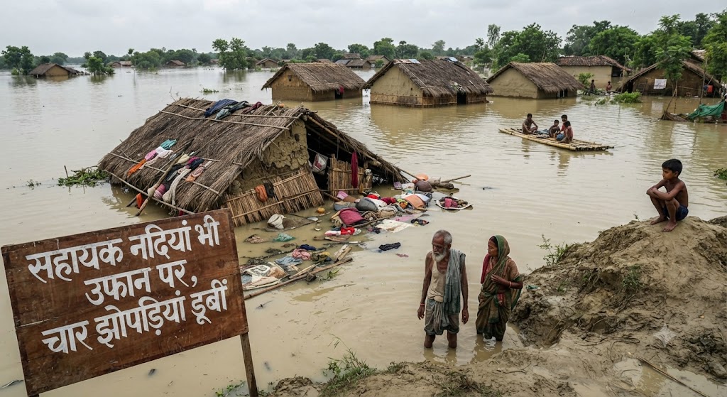 सहायक नदियां भी उफान पर, चार झोपड़ियां डूबीं जलस्तर बढ़ने से ग्रामीण इलाकों में बढ़ी चिंता, फसलों को नुकसान की आशंका