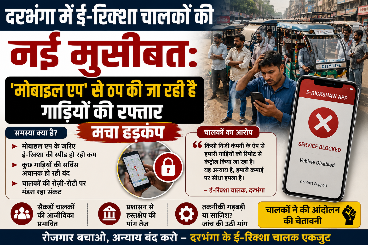 दरभंगा में ई-रिक्शा चालकों की नई मुसीबत: 'मोबाइल एप' से ठप की जा रही है गाड़ियों की रफ्तार, मचा हड़कंप