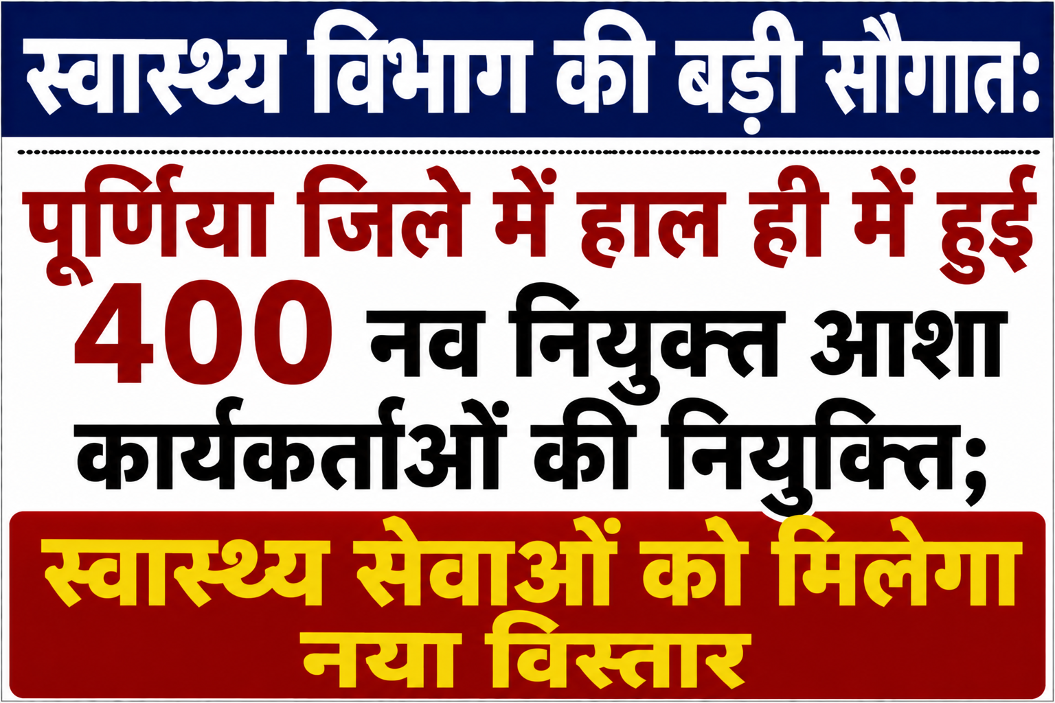 स्वास्थ्य विभाग की बड़ी सौगात: पूर्णिया जिले में हाल ही में हुई 400 नव नियुक्त आशा कार्यकर्ताओं की नियुक्ति; स्वास्थ्य सेवाओं को मिलेगा नया विस्तार