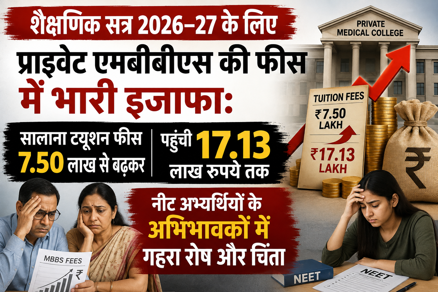 शैक्षणिक सत्र 2026–27 के लिए प्राइवेट एमबीबीएस की फीस में भारी इजाफा: सालाना ट्यूशन फीस 7.50 लाख से बढ़कर पहुँची 17.13 लाख रुपये तक