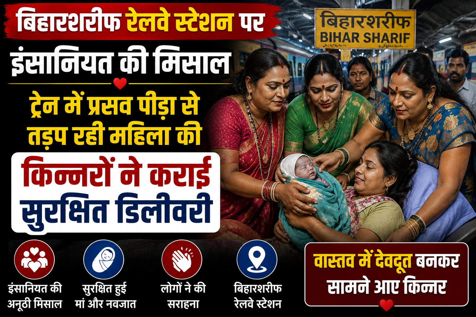 बिहारशरीफ रेलवे स्टेशन पर इंसानियत की मिसाल, ट्रेन में प्रसव पीड़ा से तड़प रही महिला की किन्नरों ने कराई सुरक्षित डिलीवरी