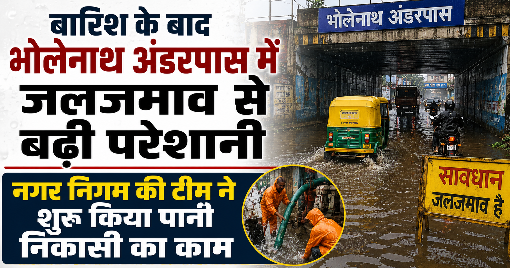 बारिश के बाद भोलानाथ अंडरपास में जलजमाव से बढ़ी परेशानी, नगर निगम की टीम ने शुरू किया पानी निकासी का काम