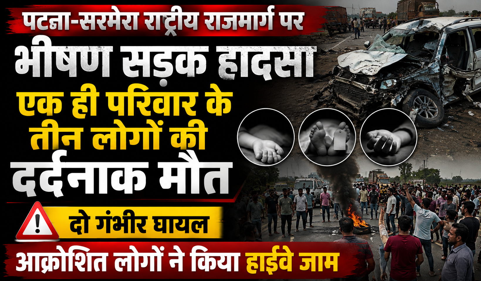 पटना-सरमेरा राष्ट्रीय राजमार्ग पर भीषण सड़क हादसा, एक ही परिवार के तीन लोगों की दर्दनाक मौत; दो गंभीर घायल, आक्रोशित लोगों ने किया हाईवे जाम