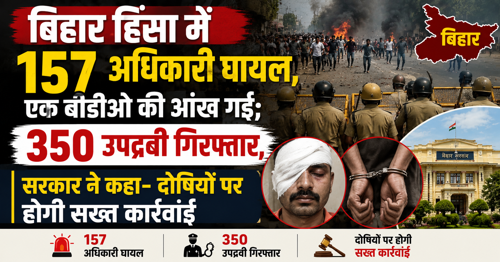 बिहार हिंसा में 157 अधिकारी घायल, एक बीडीओ की आंख गई; 350 उपद्रवी गिरफ्तार, सरकार ने कहा- दोषियों पर होगी सख्त कार्रवाई