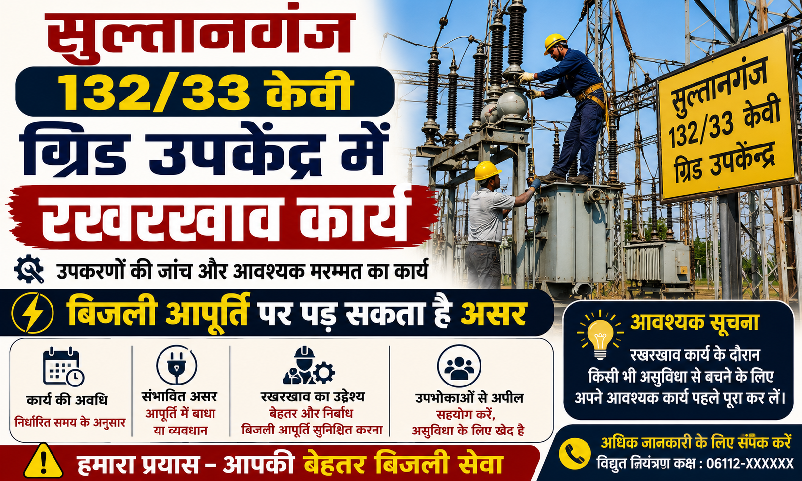 सुल्तानगंज 132/33 केवी ग्रिड उपकेंद्र में रखरखाव कार्य, बिजली आपूर्ति पर पड़ सकता है असर