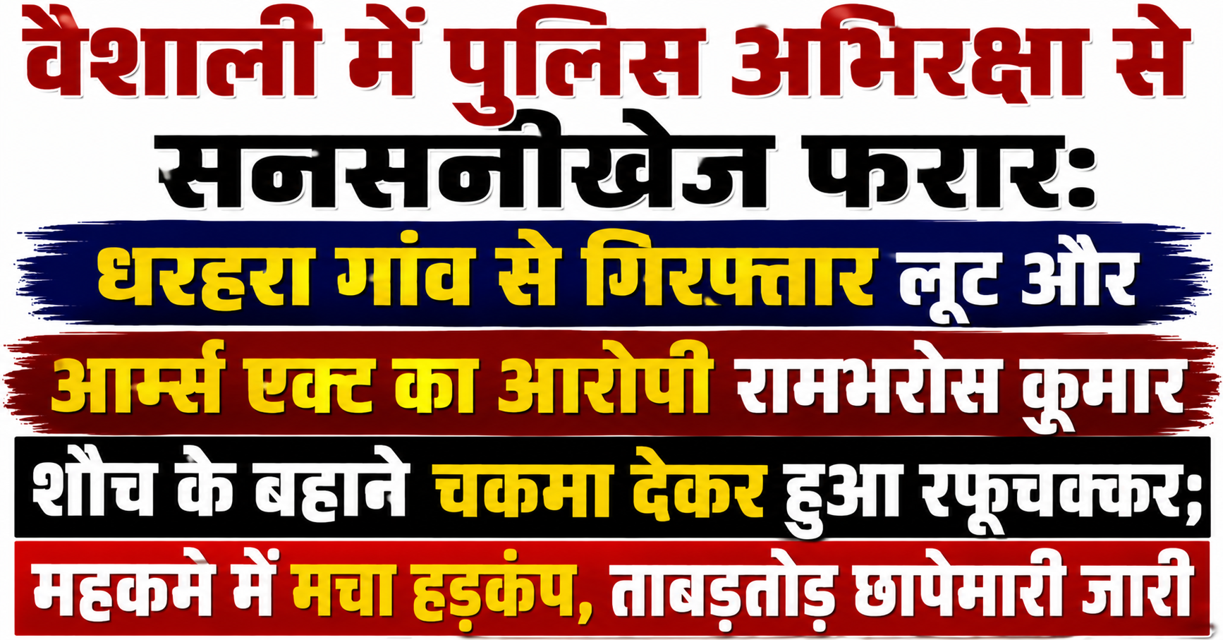 वैशाली में पुलिस अभिरक्षा से सनसनीखेज फरार: धरहरा गांव से गिरफ्तार लूट और आर्म्स एक्ट का आरोपी रामभरोस कुमार शौच के बहाने चकमा देकर हुआ रफूचक्कर; महकमे में मचा हड़कंप, ताबड़तोड़ छापेमारी जारी
