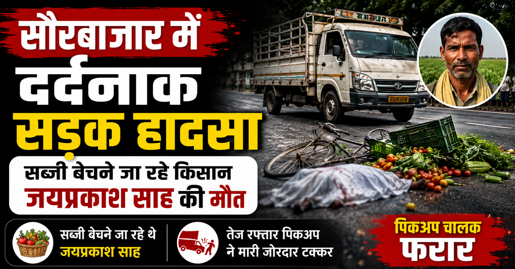 सौरबाजार में दर्दनाक सड़क हादसा, सब्जी बेचने जा रहे किसान जयप्रकाश साह की मौत; पिकअप चालक फरार