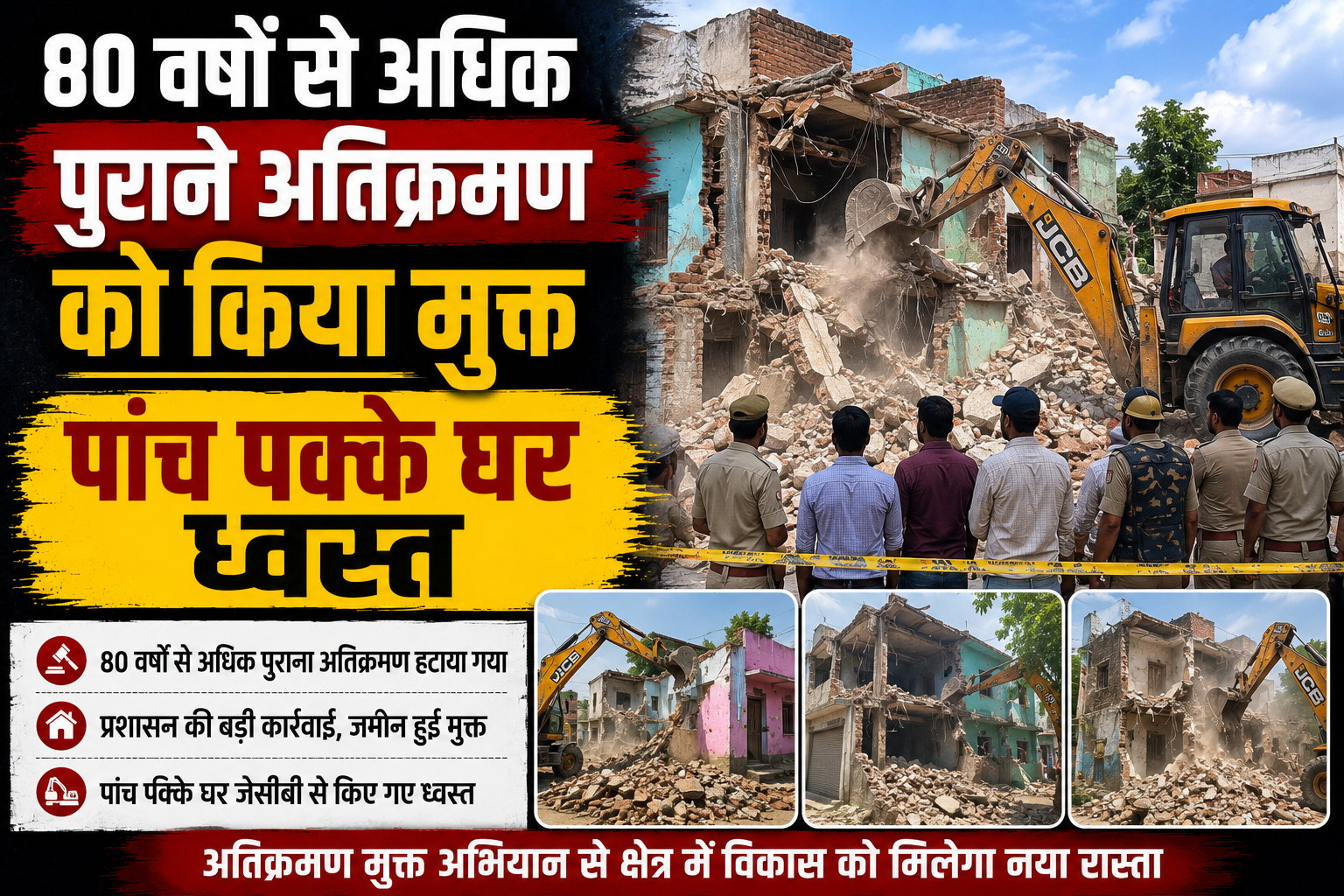 80 वर्षों से अधिक पुराने अतिक्रमण को किया मुक्त, पांच पक्के घर ध्वस्त