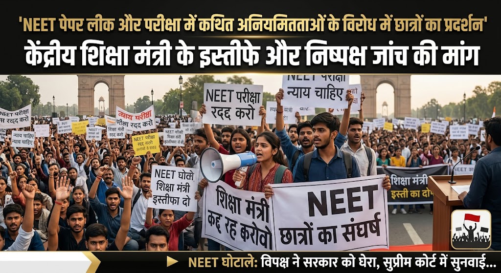 NEET पेपर लीक और परीक्षा में कथित अनियमितताओं के विरोध में छात्रों का प्रदर्शन, केंद्रीय शिक्षा मंत्री के इस्तीफे और निष्पक्ष जांच की मांग
