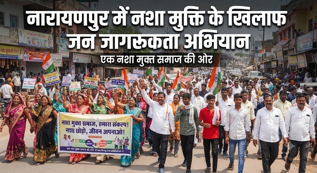 नारायणपुर में नशा मुक्ति के खिलाफ जनसैलाब शहजादपुर पंचायत में निकली विशाल जागरूकता रैली, मुखिया कैलाश कुमार भारती और सरपंच नीरज कुमार ने भरी हुंकार