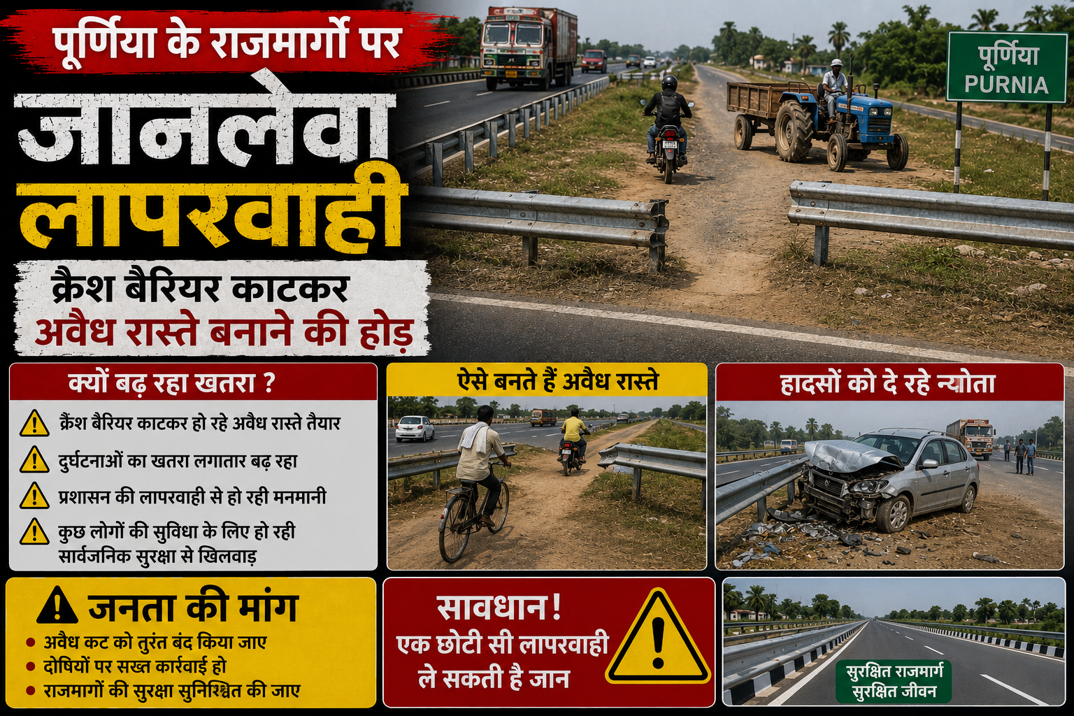 पूर्णिया के राजमार्गों पर जानलेवा लापरवाही: क्रैश बैरियर काटकर अवैध रास्ते बनाने की होड़