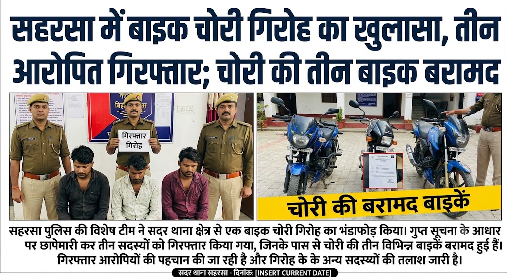 सहरसा में बाइक चोरी गिरोह का खुलासा, तीन आरोपित गिरफ्तार; चोरी की तीन बाइक बरामद