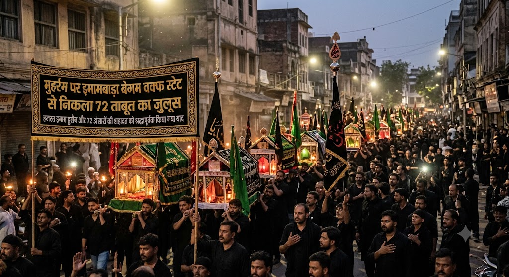 मुहर्रम पर इमामबाड़ा बेगम वक्फ स्टेट से निकला 72 ताबूत का जुलूस, हजरत इमाम हुसैन और 72 अंसारों की शहादत को श्रद्धापूर्वक किया गया याद