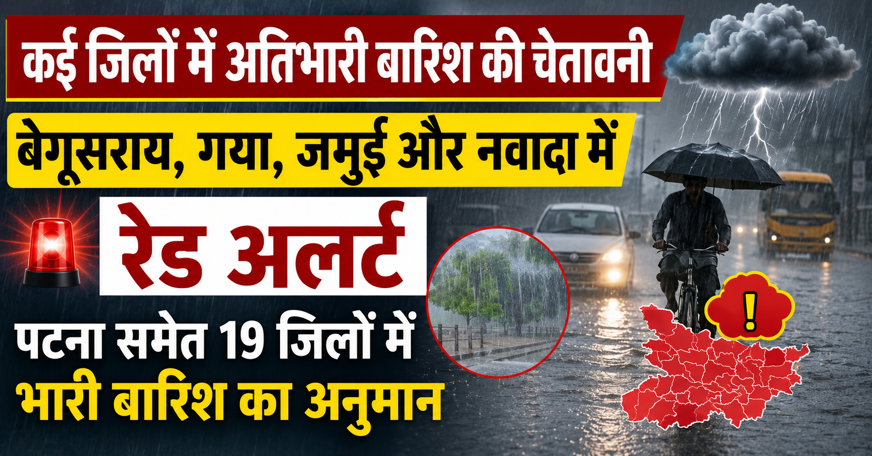 कई जिलों में अतिभारी बारिश की चेतावनी, बेगूसराय, गया, जमुई और नवादा में रेड अलर्ट; पटना समेत 19 जिलों में भारी बारिश का अनुमान