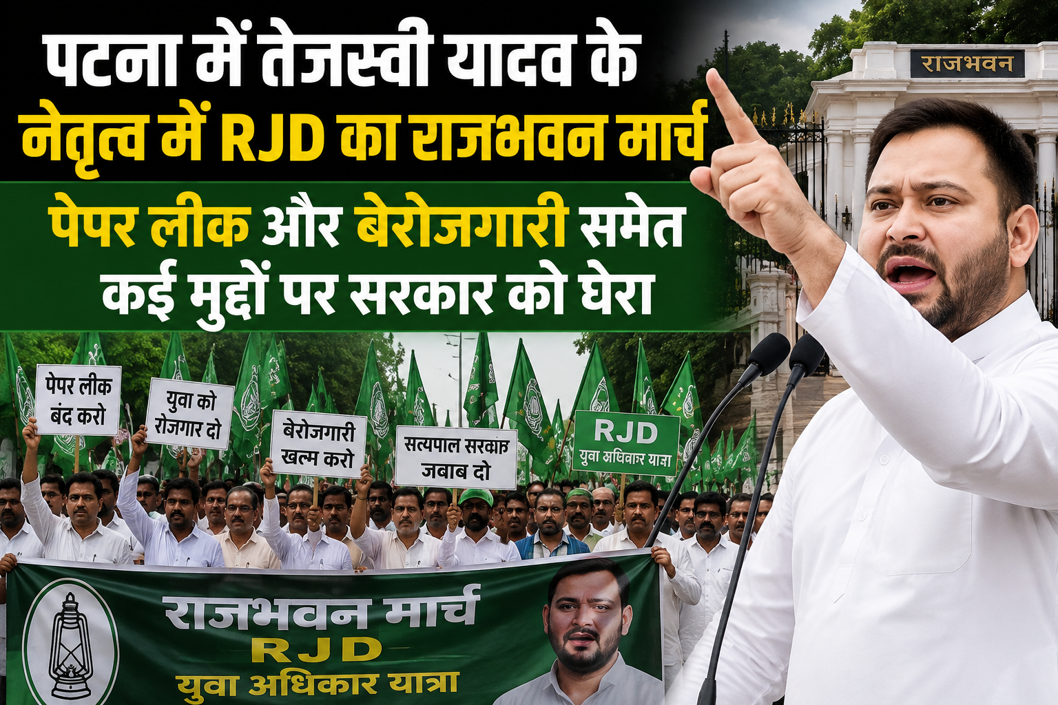पटना में तेजस्वी यादव के नेतृत्व में RJD का राजभवन मार्च, पेपर लीक और बेरोजगारी समेत कई मुद्दों पर सरकार को घेरा
