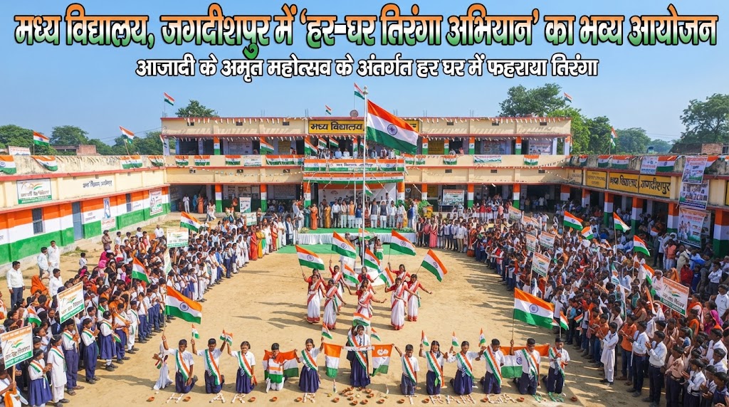 मध्य विद्यालय जगदीशपुर में 'हर-घर तिरंगा अभियान' के तहत भव्य आयोजन; 150 तिरंगों और भव्य रंगोली के साथ गूंजे 'वंदे मातरम' के नारे, प्रधानाध्यापक आशुतोष चंद्र मिश्र के नेतृत्व में छात्रों ने रचा इतिहास