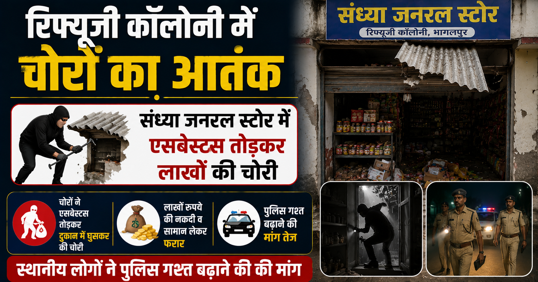 रिफ्यूजी कॉलोनी में चोरों का आतंक, संध्या जनरल स्टोर में एसबेस्टस तोड़कर लाखों की चोरी; पुलिस गश्त बढ़ाने की मांग