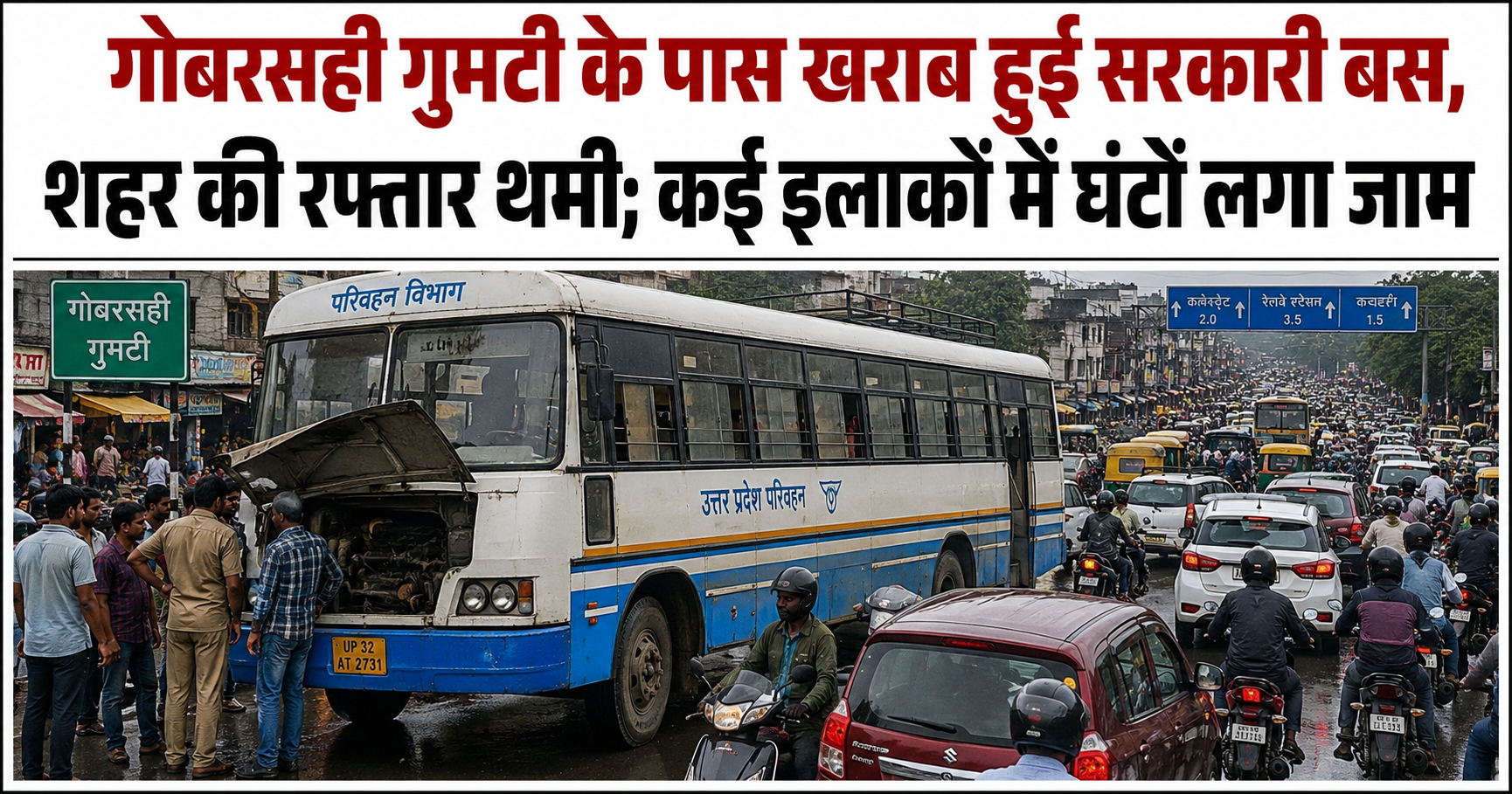 गोबरसही गुमटी के पास खराब हुई सरकारी बस, शहर की रफ्तार थमी; कई इलाकों में घंटों लगा जाम