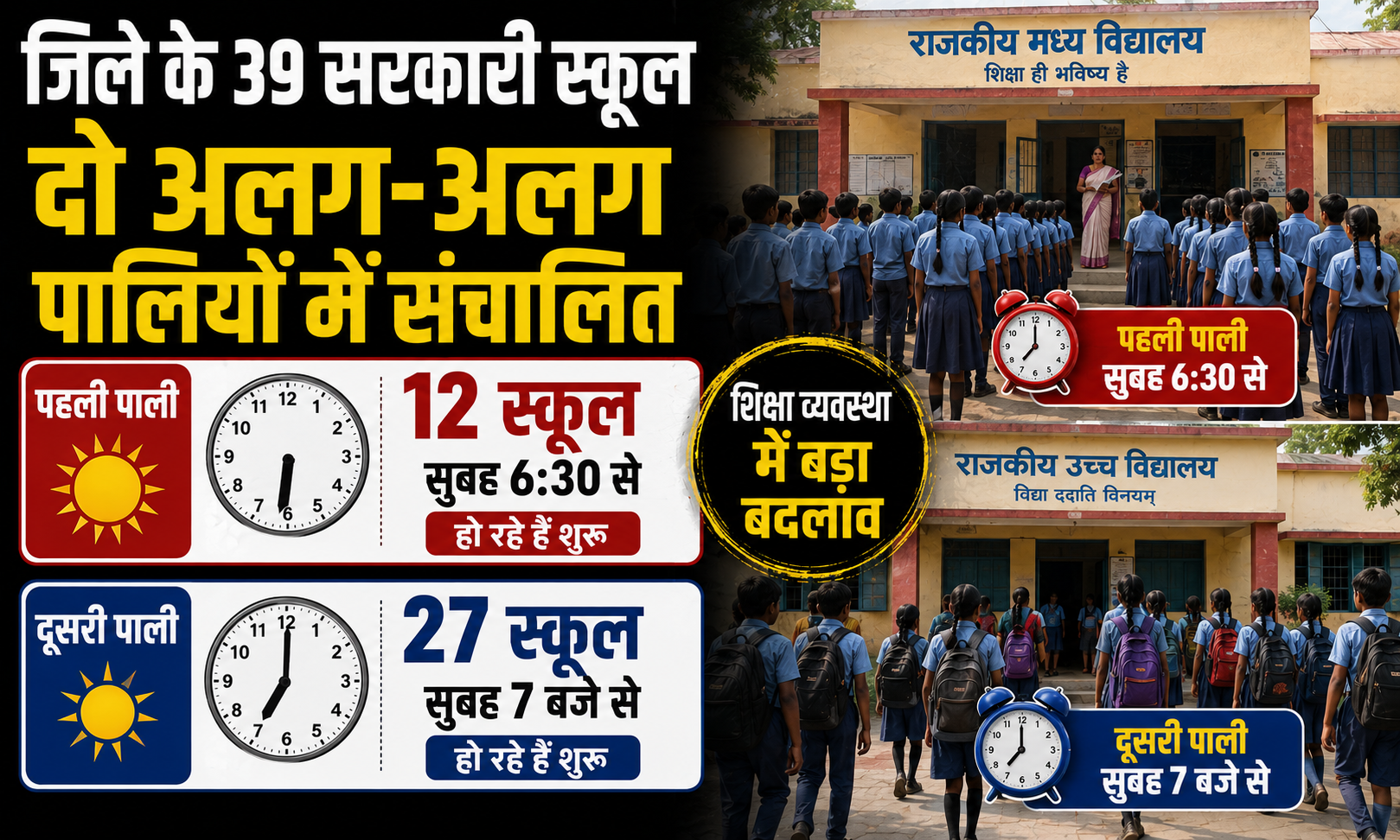 जिले के 39 सरकारी स्कूल दो अलग-अलग पालियों में संचालित, 12 स्कूल सुबह 6:30 से और 27 स्कूल 7 बजे से हो रहे हैं शुरू