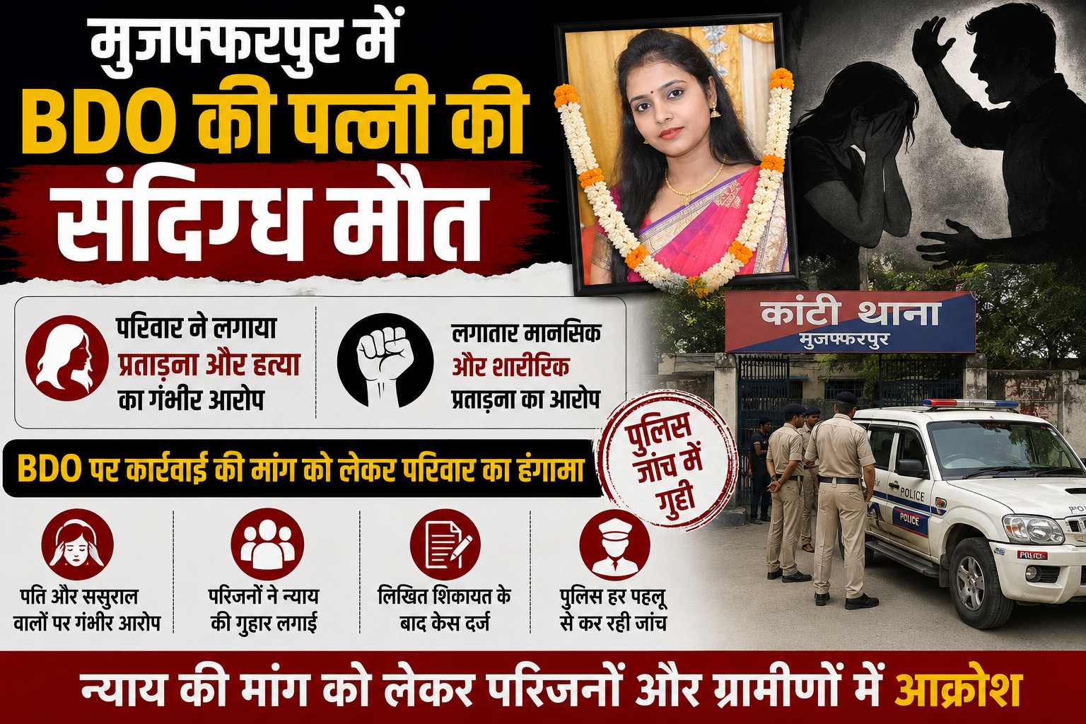 मुजफ्फरपुर में BDO की पत्नी की संदिग्ध मौत: परिवार ने लगाया प्रताड़ना और हत्या का गंभीर आरोप, पुलिस जांच में जुटी
