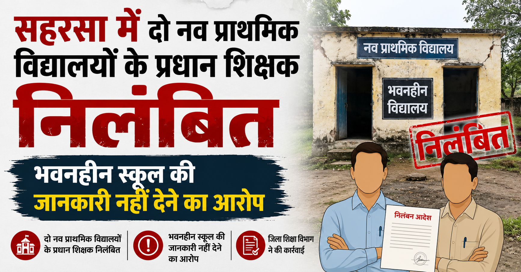 सहरसा में दो नव प्राथमिक विद्यालयों के प्रधान शिक्षक निलंबित, भवनहीन स्कूल की जानकारी नहीं देने का आरोप