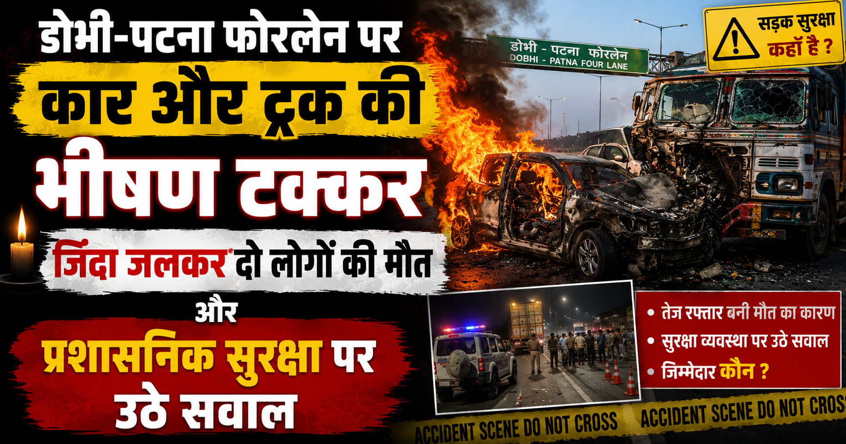 डोभी-पटना फोरलेन पर कार और ट्रक की भीषण टक्कर, जिंदा जलकर दो लोगों की मौत और प्रशासनिक सुरक्षा पर उठे सवाल