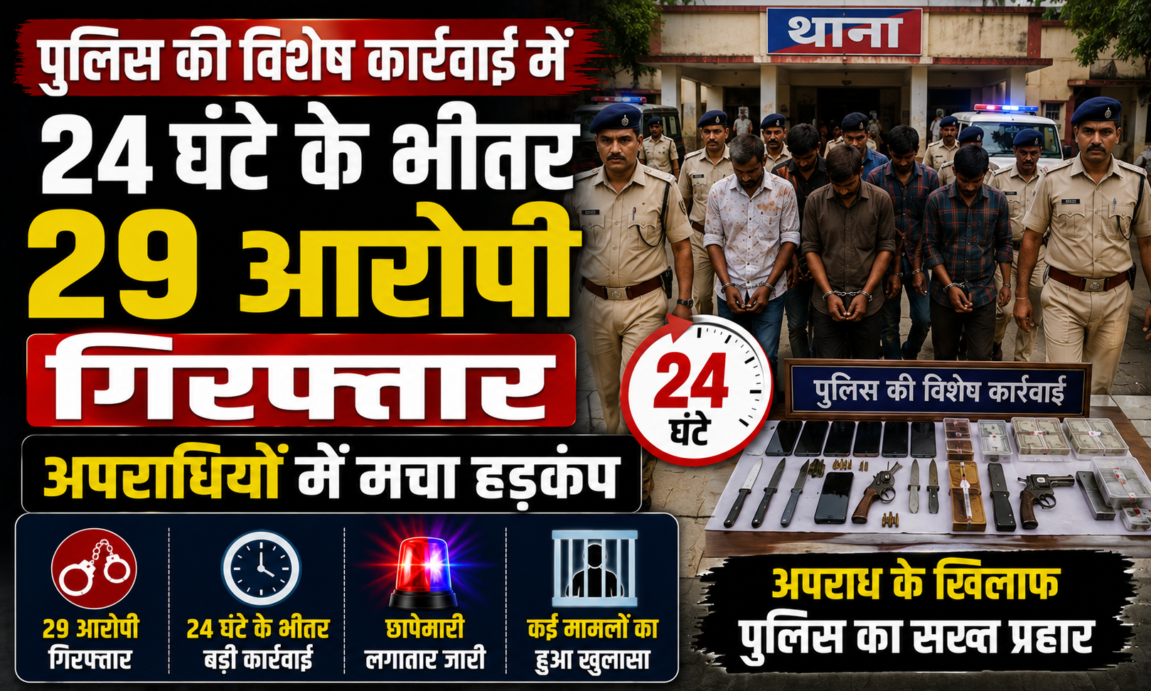 पुलिस की विशेष कार्रवाई में 24 घंटे के भीतर 29 आरोपी गिरफ्तार; अपराधियों में मचा हड़कंप