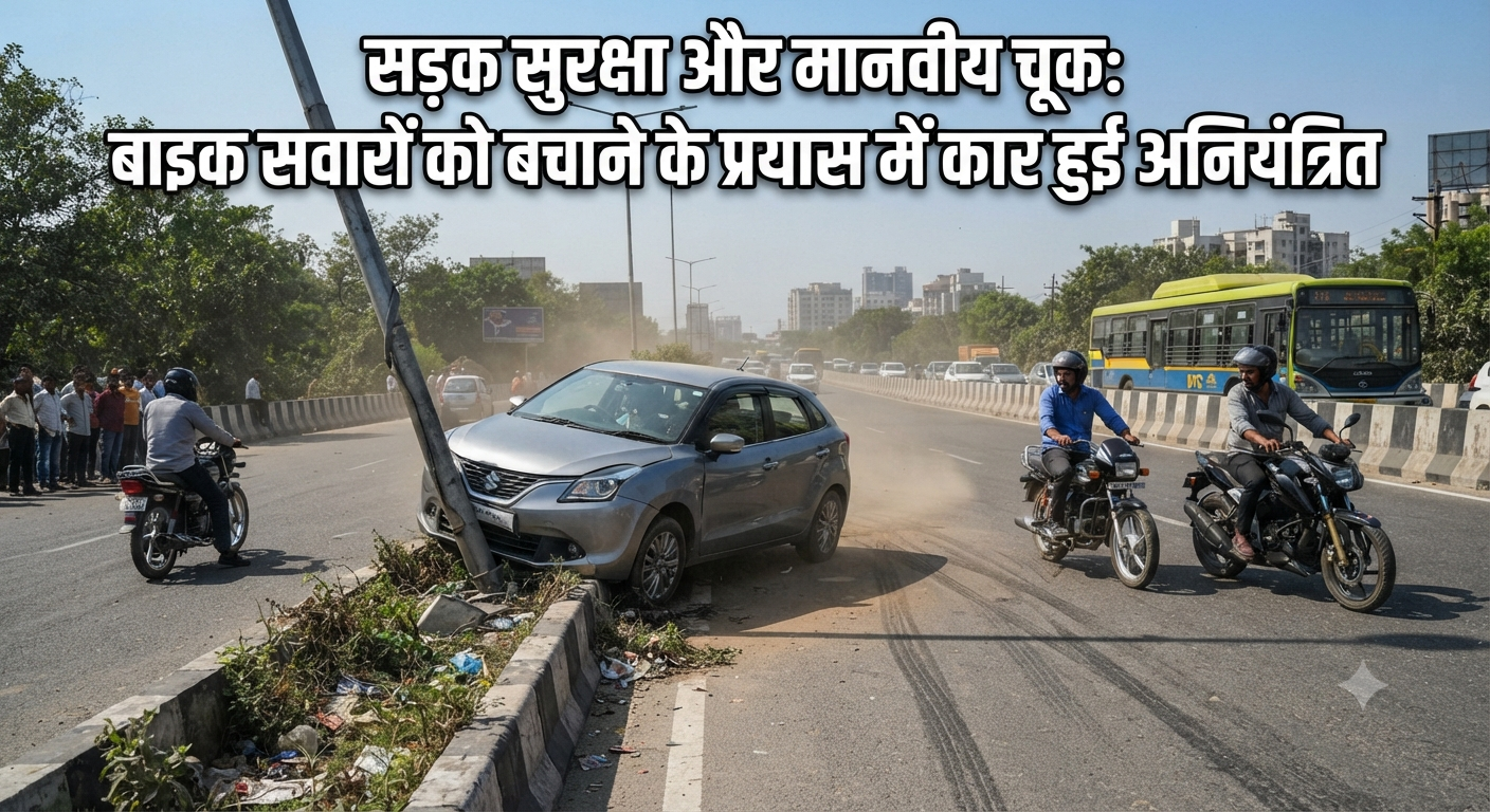 सड़क सुरक्षा और मानवीय चूक: बाइक सवारों को बचाने के प्रयास में कार हुई अनियंत्रित