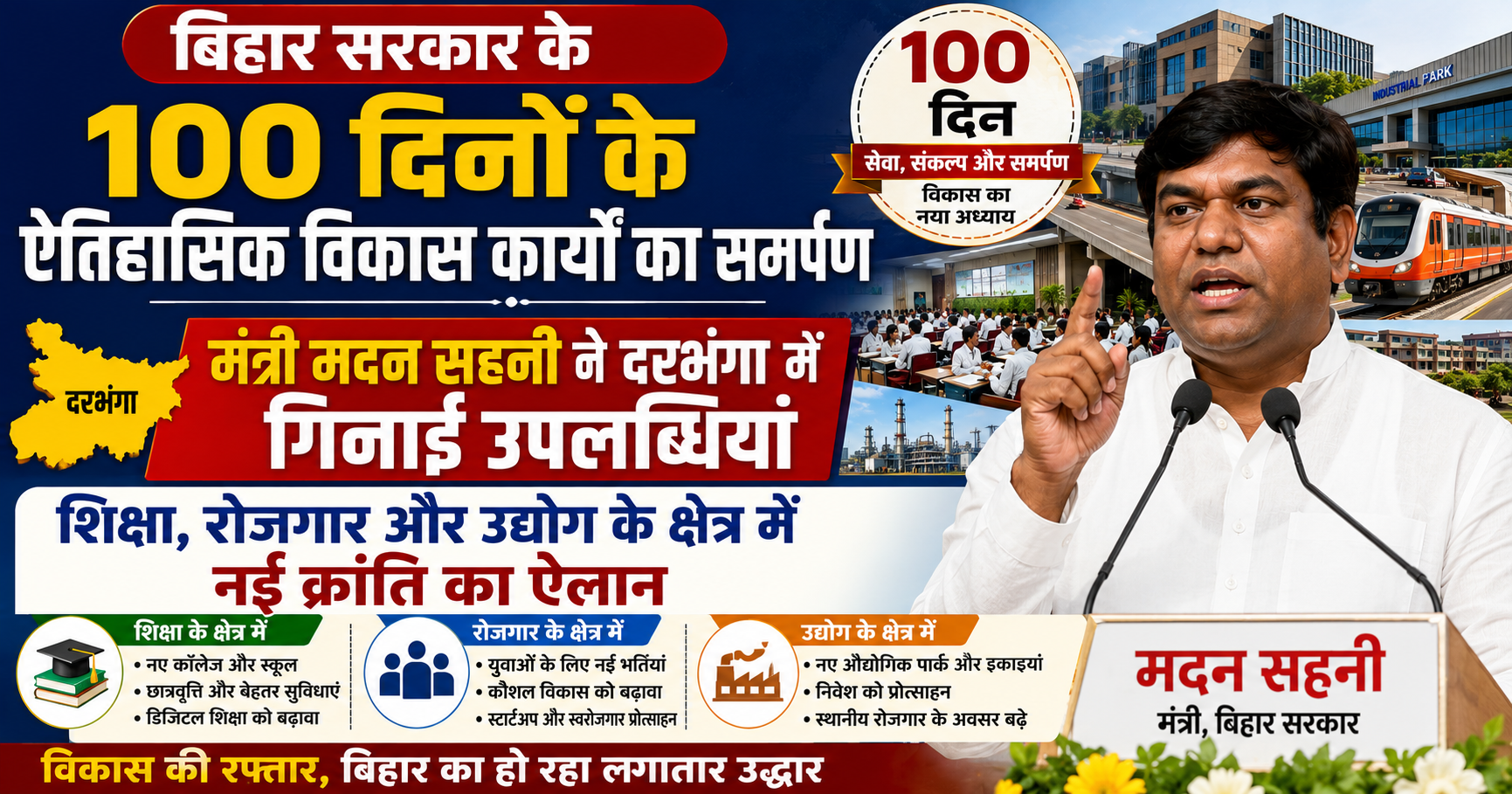 बिहार सरकार के 100 दिनों के ऐतिहासिक विकास कार्यों का समर्पण: मंत्री मदन सहनी ने दरभंगा में गिनाईं उपलब्धियां, शिक्षा, रोजगार और उद्योग के क्षेत्र में नई क्रांति का ऐलान