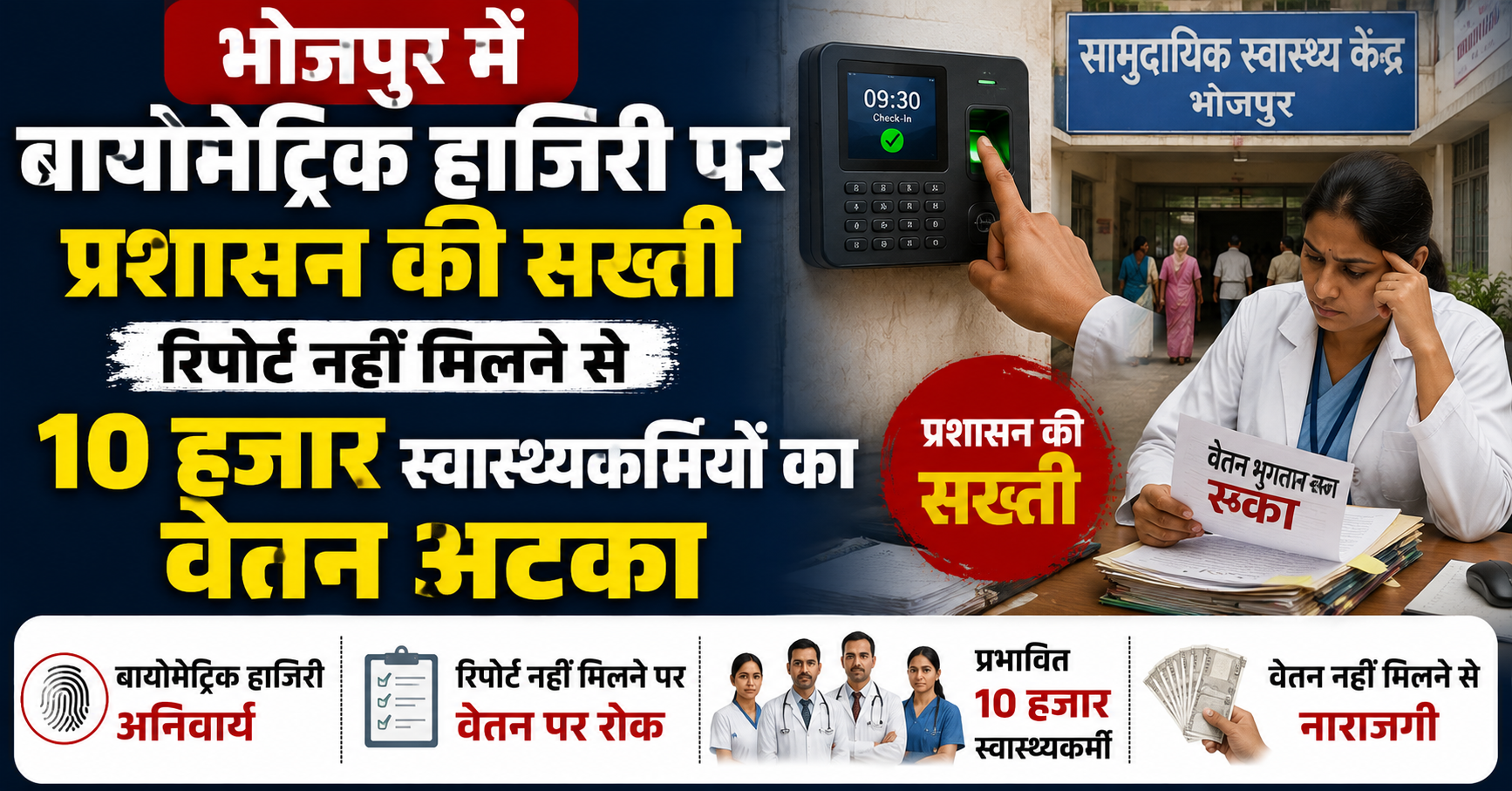 भोजपुर में बायोमेट्रिक हाजिरी पर प्रशासन की सख्ती, रिपोर्ट नहीं मिलने से 10 हजार स्वास्थ्यकर्मियों का वेतन अटका