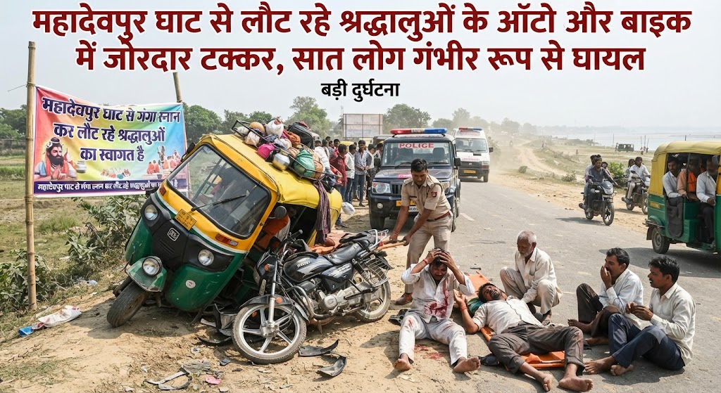 महादेवपुर घाट से गंगा स्नान कर लौट रहे श्रद्धालुओं के ऑटो और बाइक में जोरदार टक्कर, सात लोग गंभीर रूप से घायल